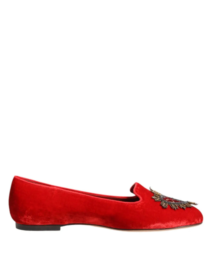 Dolce &amp; Gabbana Red Velvet DG Heart Loafers Flat Shoes