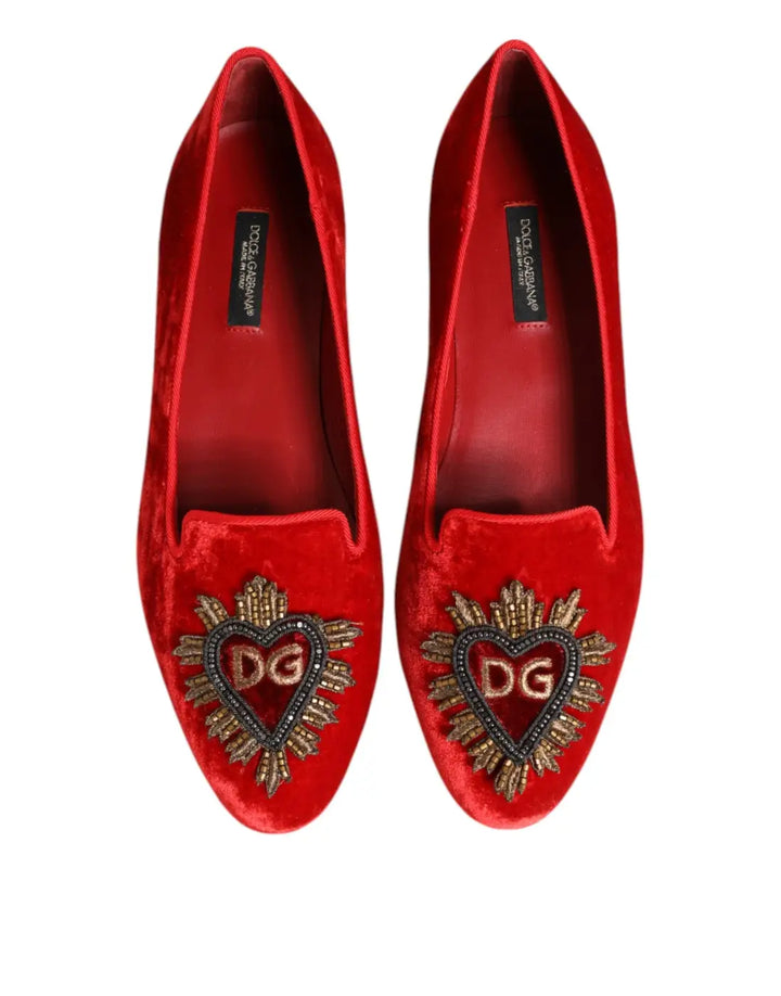 Dolce &amp; Gabbana Red Velvet DG Heart Loafers Flat Shoes