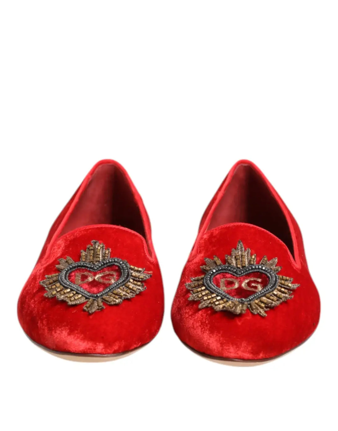Dolce &amp; Gabbana Red Velvet DG Heart Loafers Flats Shoes