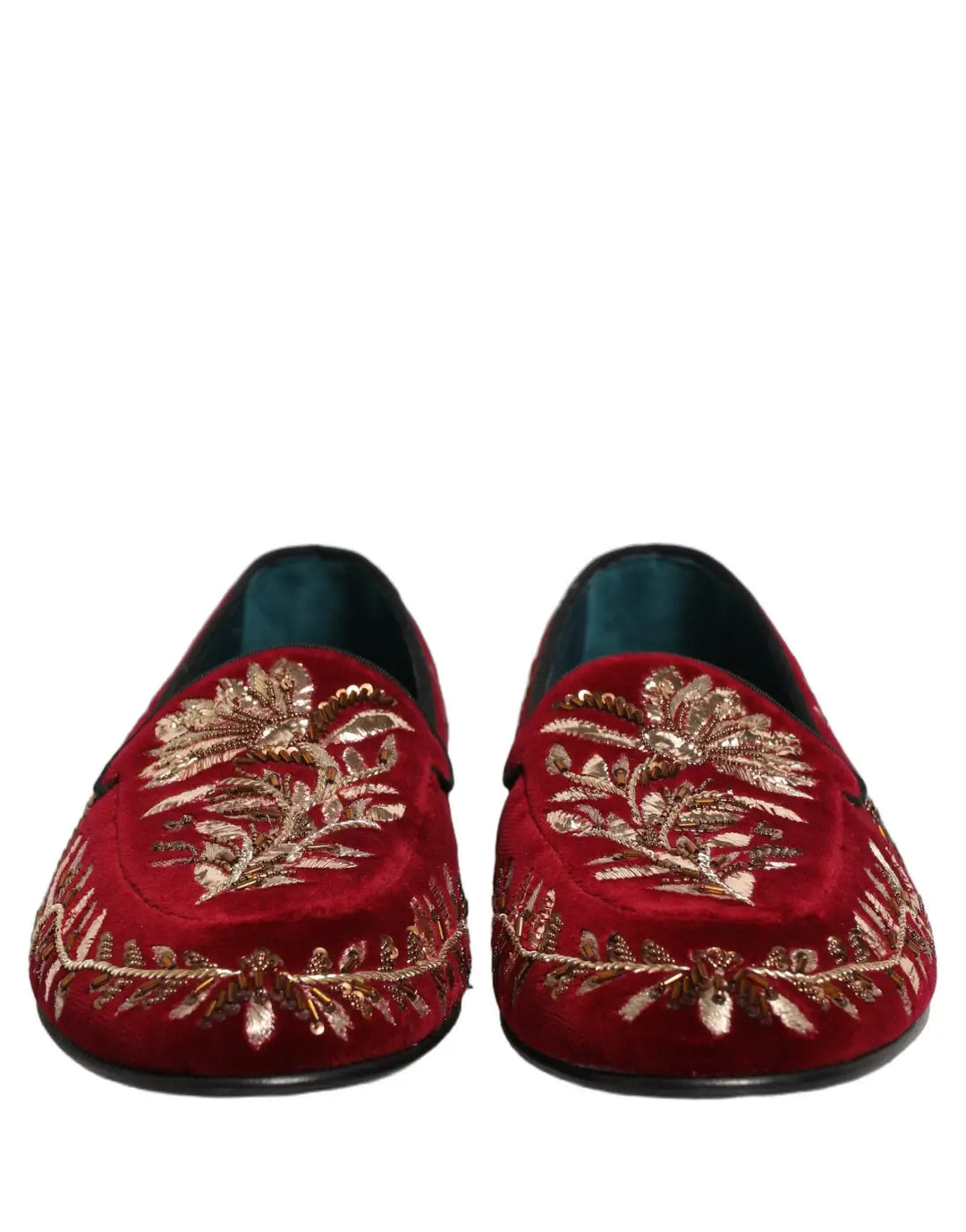 Dolce &amp; Gabbana Red Velvet Floral Embroidery Loafers Shoes