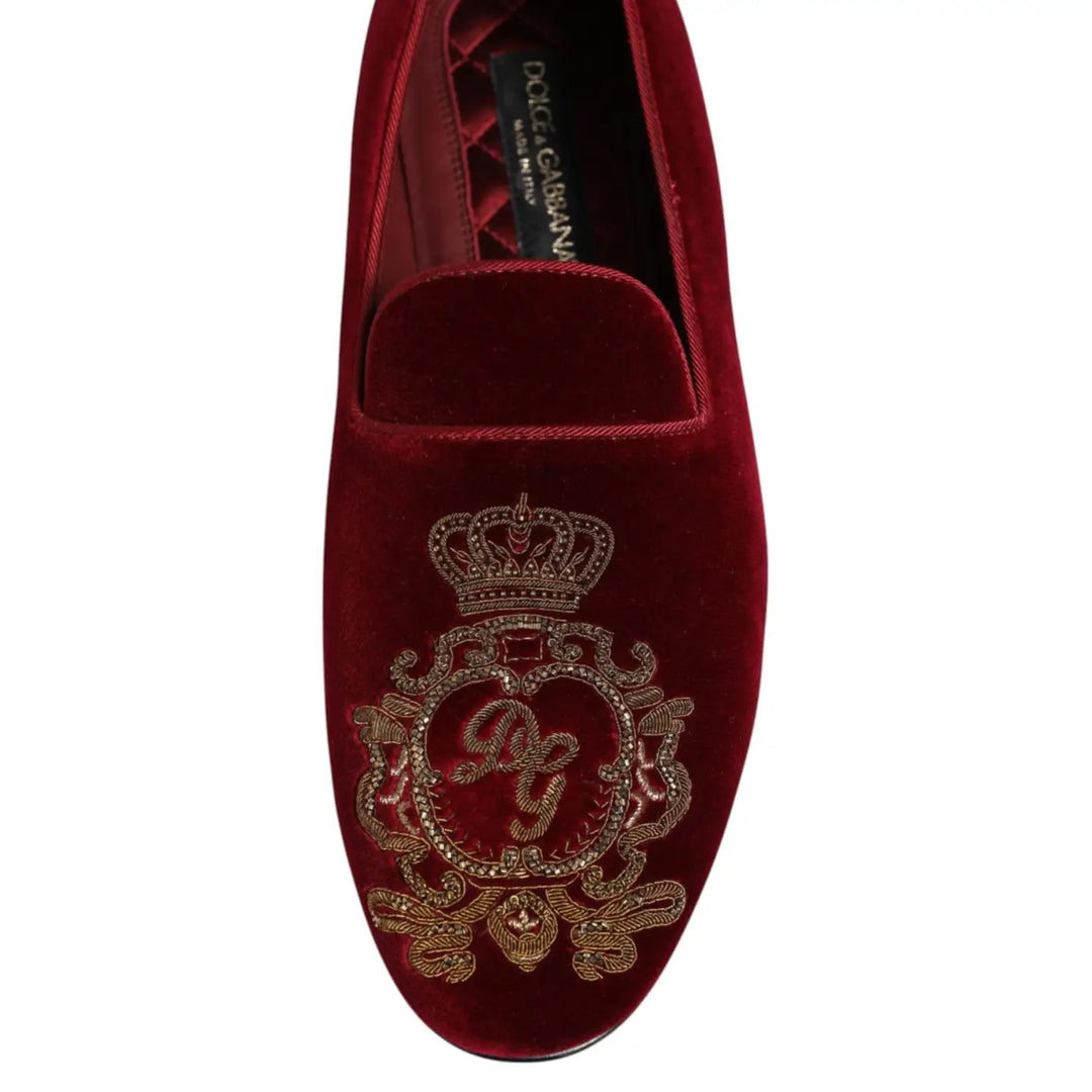 Dolce &amp; Gabbana Red Velvet Gold Crown Mens Loafers Shoes