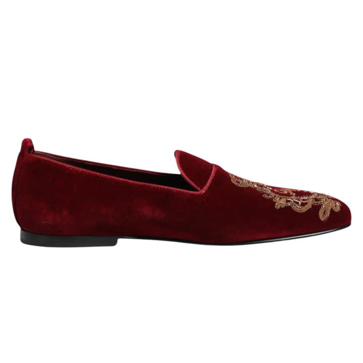 Dolce &amp; Gabbana Red Velvet Gold Crown Mens Loafers Shoes
