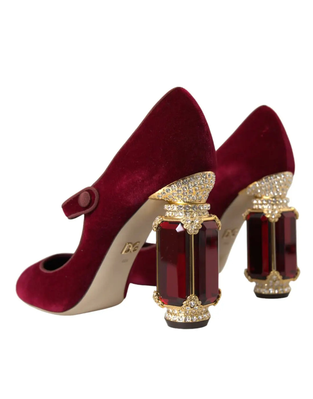 Dolce &amp; Gabbana Red Velvet Gold Crystals Heels Mary Jane Shoes
