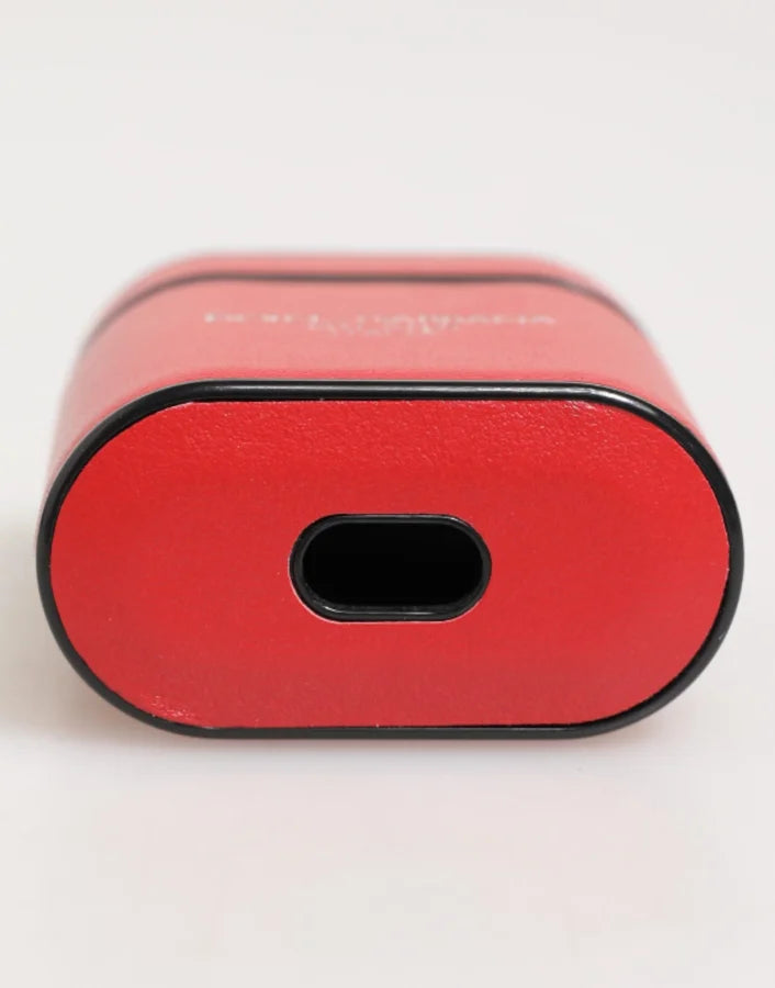 Dolce &amp; Gabbana Red White Calfskin Leather Logo Flip Holder Airpods Case