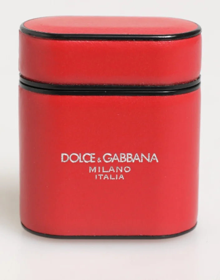 Dolce &amp; Gabbana Red White Calfskin Leather Logo Flip Holder Airpods Case