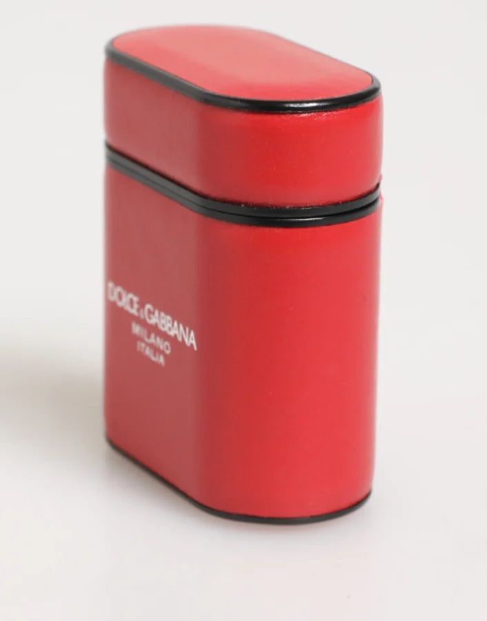 Dolce &amp; Gabbana Red White Calfskin Leather Logo Flip Holder Airpods Case