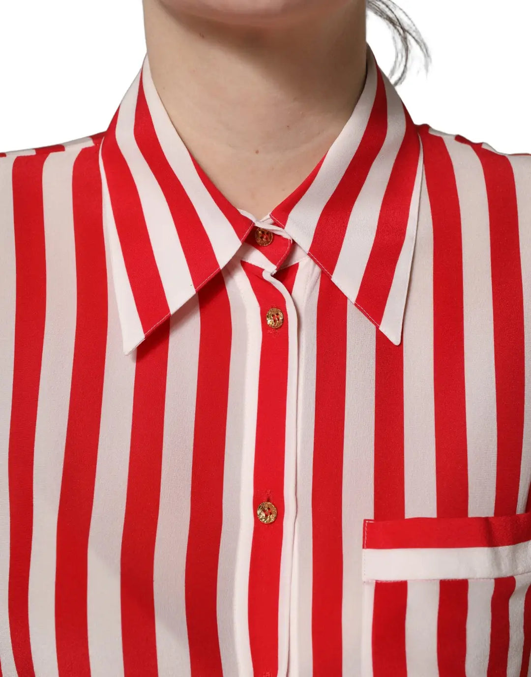 Dolce &amp; Gabbana Red White Striped Long Sleeve Silk Blouse Top