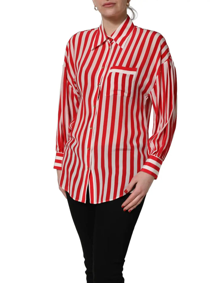 Dolce &amp; Gabbana Red White Striped Long Sleeve Silk Blouse Top