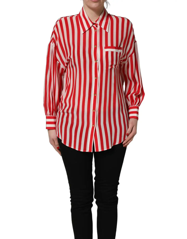 Dolce &amp; Gabbana Red White Striped Long Sleeve Silk Blouse Top