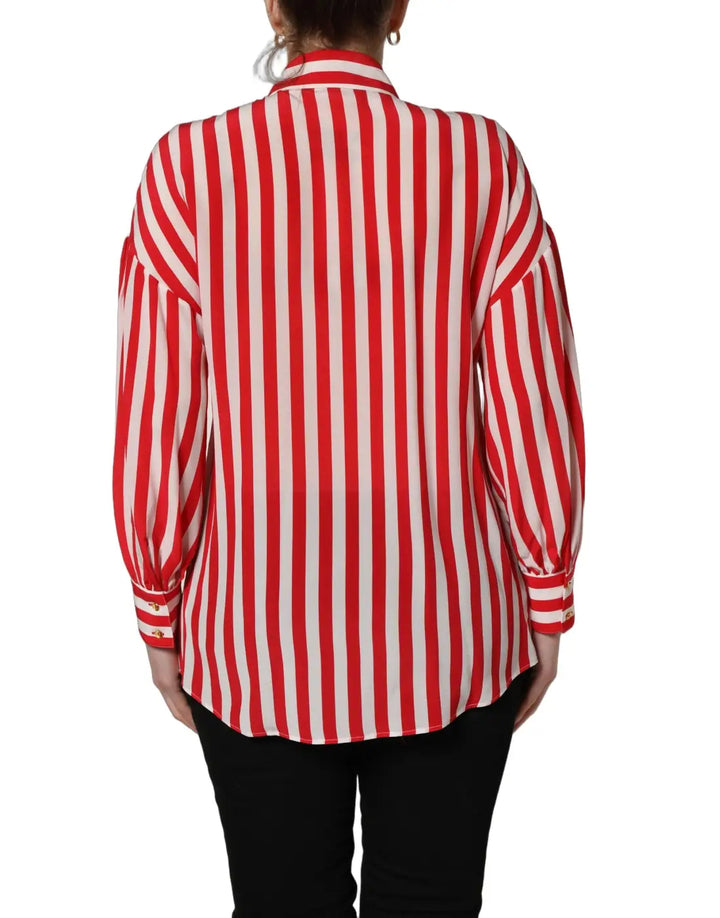 Dolce &amp; Gabbana Red White Striped Long Sleeve Silk Blouse Top
