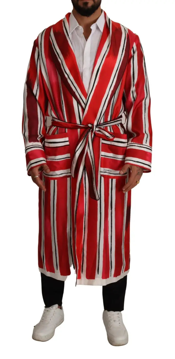 Dolce &amp; Gabbana Red White Striped Silk Mens Night Gown Robe