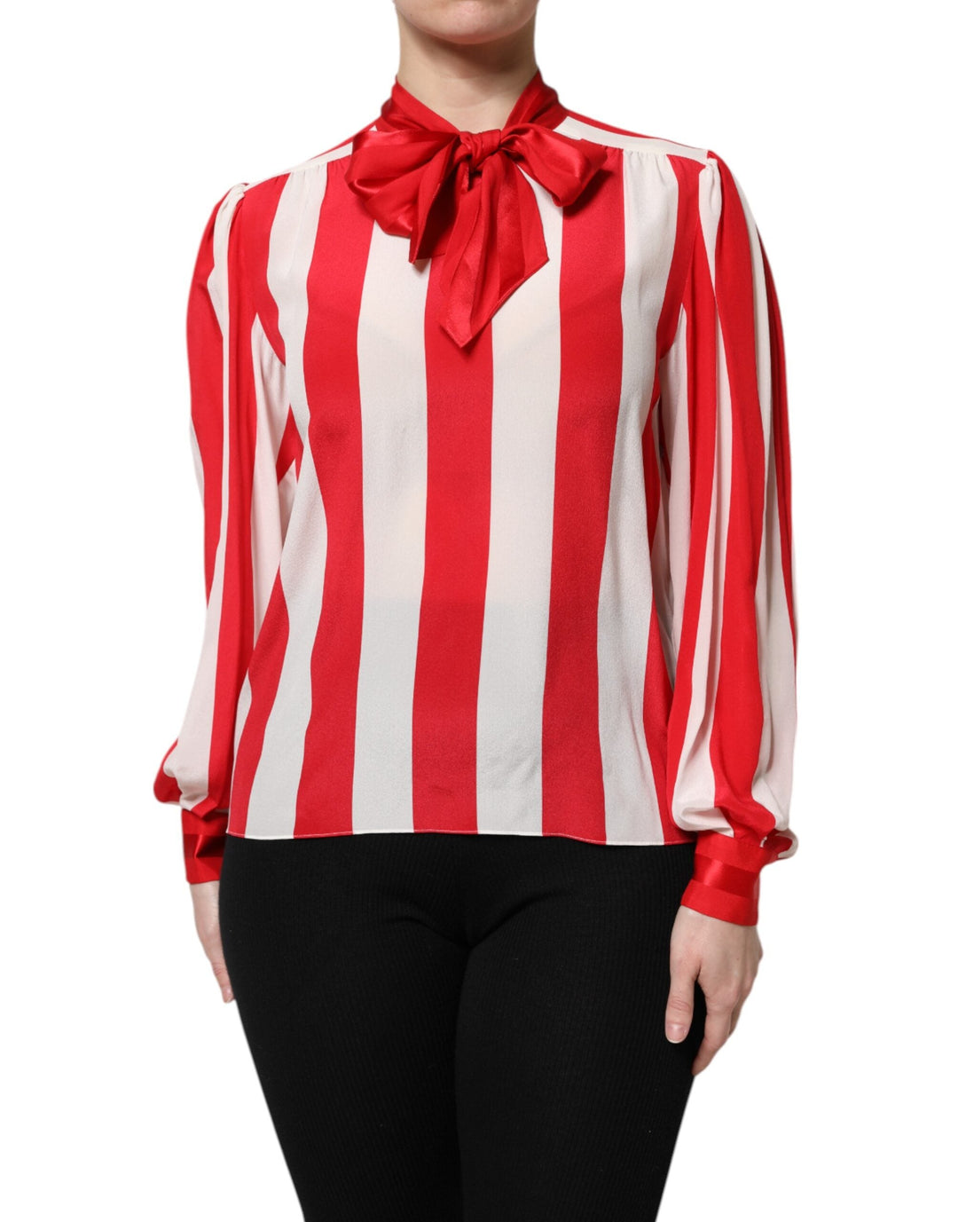 Dolce &amp; Gabbana Blouses - Women’s Red White Stripes Ascot Collar Blouse Top