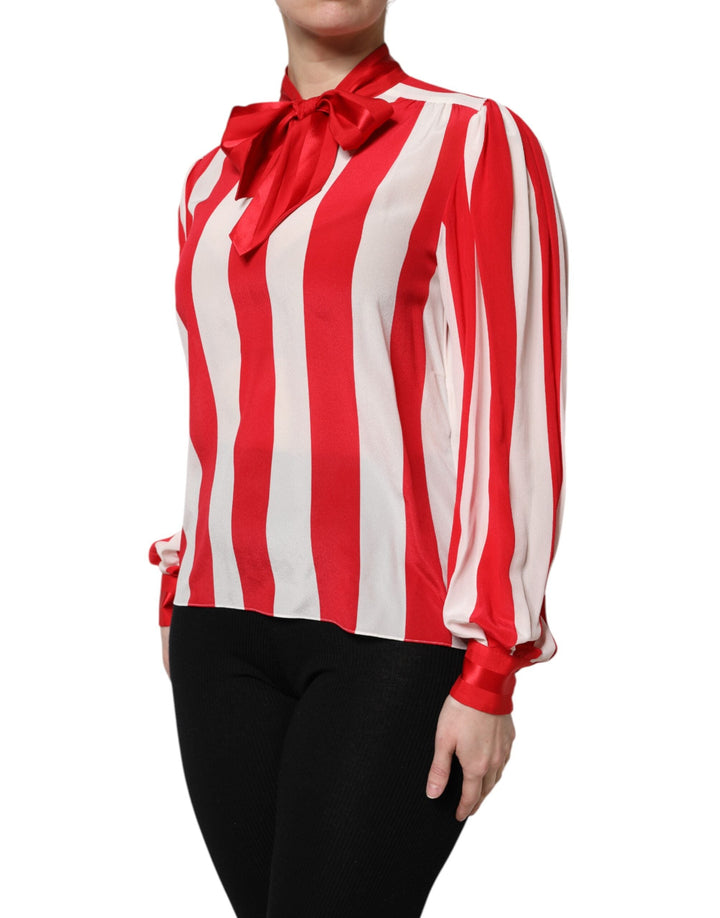 Dolce &amp; Gabbana Blouses - Women’s Red White Stripes Ascot Collar Blouse Top