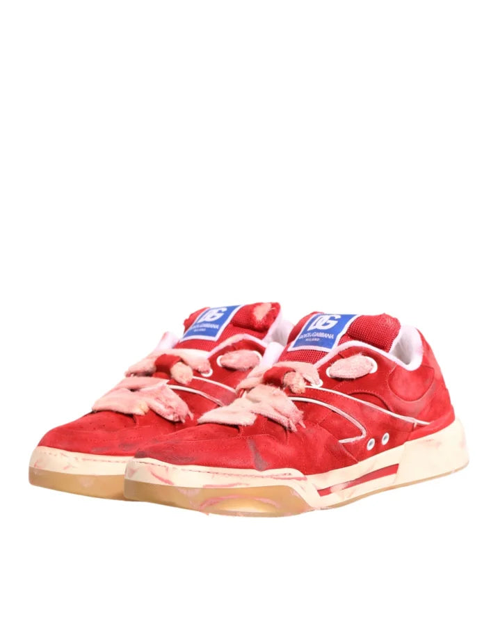 Dolce &amp; Gabbana Red White Suede DG Logo Low Top Sneakers Shoes