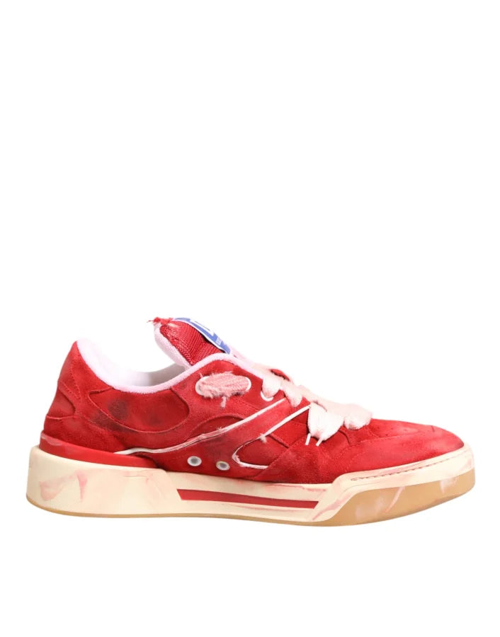 Dolce &amp; Gabbana Red White Suede DG Logo Low Top Sneakers Shoes