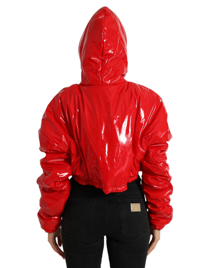 Dolce &amp; Gabbana Rain Coats - Shiny Red Hooded Cropped Short Coat Jacket