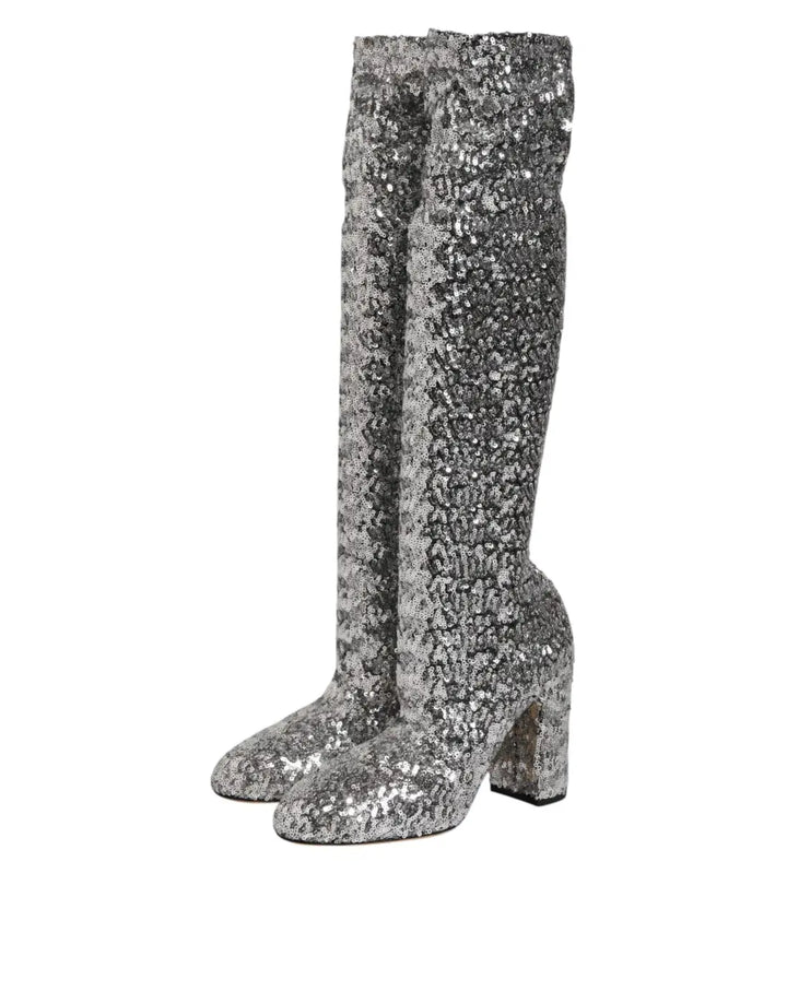 Dolce &amp; Gabbana Shoes Silver Sequins Glitter High Heel Boot
