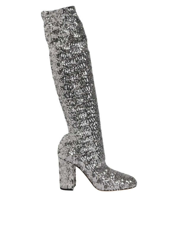 Dolce & Gabbana Shoes Silver Sequins Glitter High Heel Boot