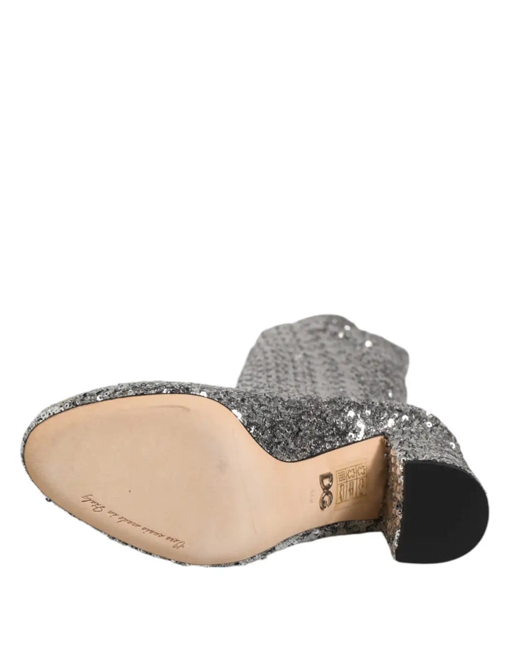Dolce &amp; Gabbana Shoes Silver Sequins Glitter High Heel Boot