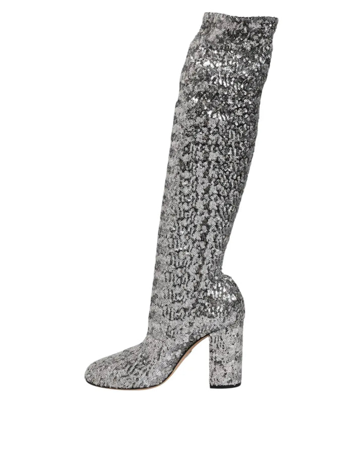 Dolce &amp; Gabbana Shoes Silver Sequins Glitter High Heel Boot