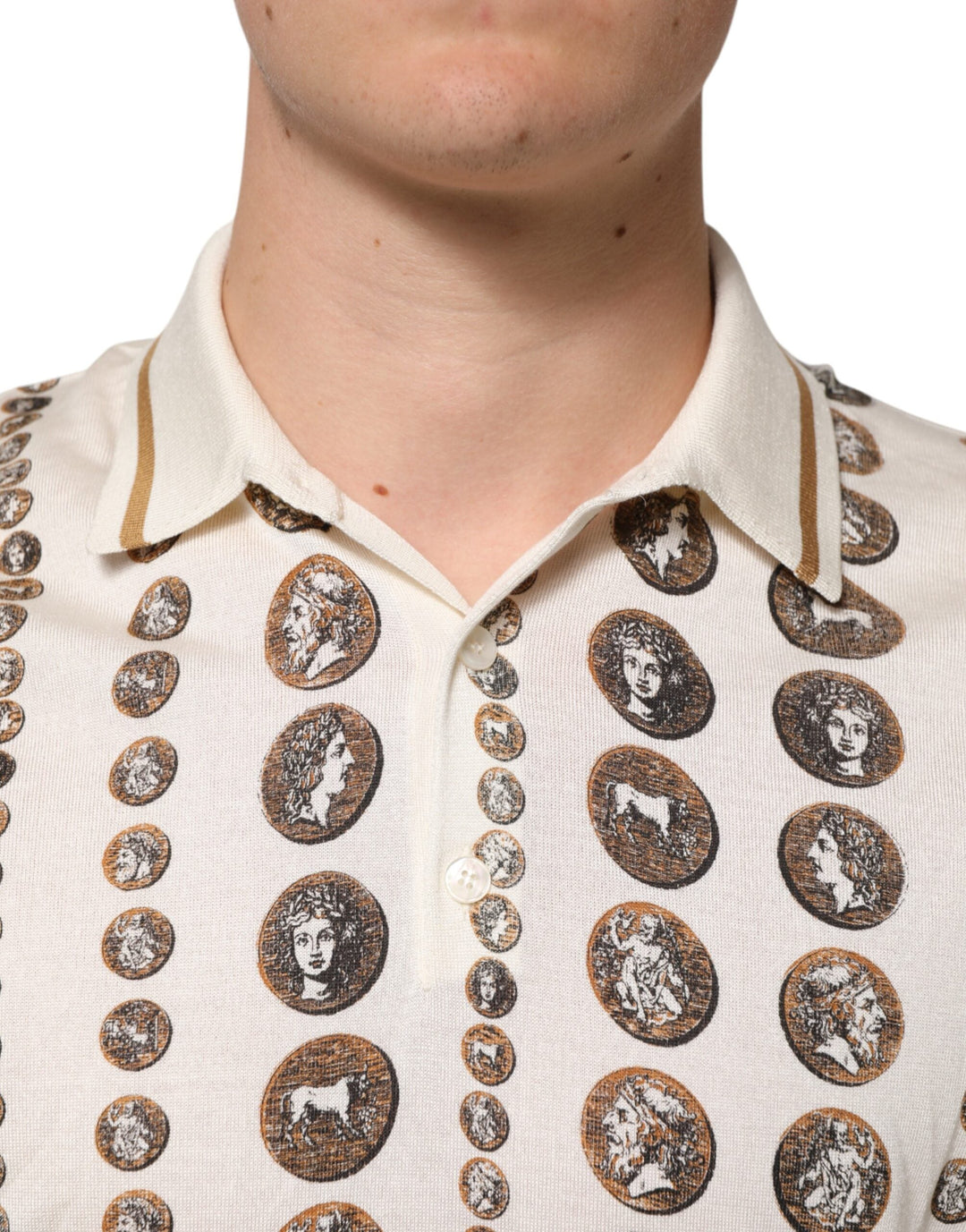 Dolce &amp; Gabbana Silk Ivory Coin Print Logo Men Polo T-shirt