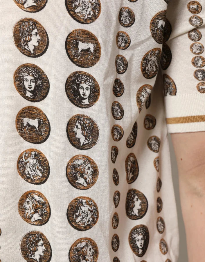 Dolce &amp; Gabbana Silk Ivory Coin Print Logo Men Polo T-shirt