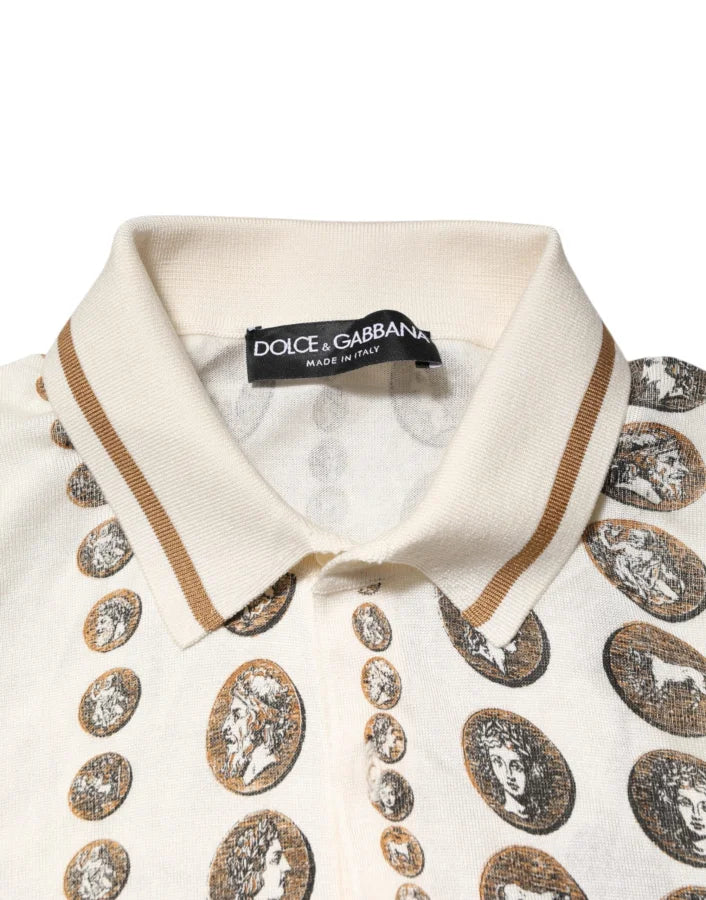 Dolce &amp; Gabbana Silk Ivory Coin Print Logo Men Polo T-shirt