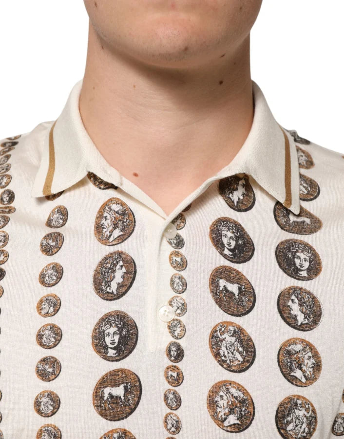 Dolce &amp; Gabbana Silk Ivory Coin Print Logo Men Polo T-shirt
