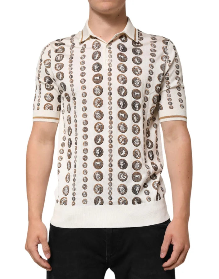 Dolce &amp; Gabbana Silk Ivory Coin Print Logo Men Polo T-shirt