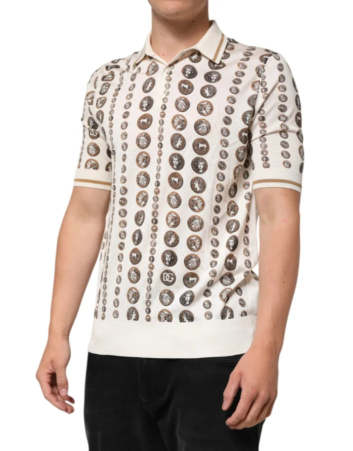 Dolce &amp; Gabbana Silk Ivory Coin Print Logo Men Polo T-shirt