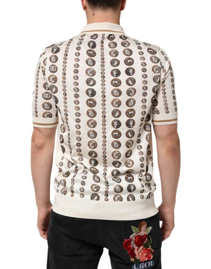Dolce &amp; Gabbana Silk Ivory Coin Print Logo Men Polo T-shirt