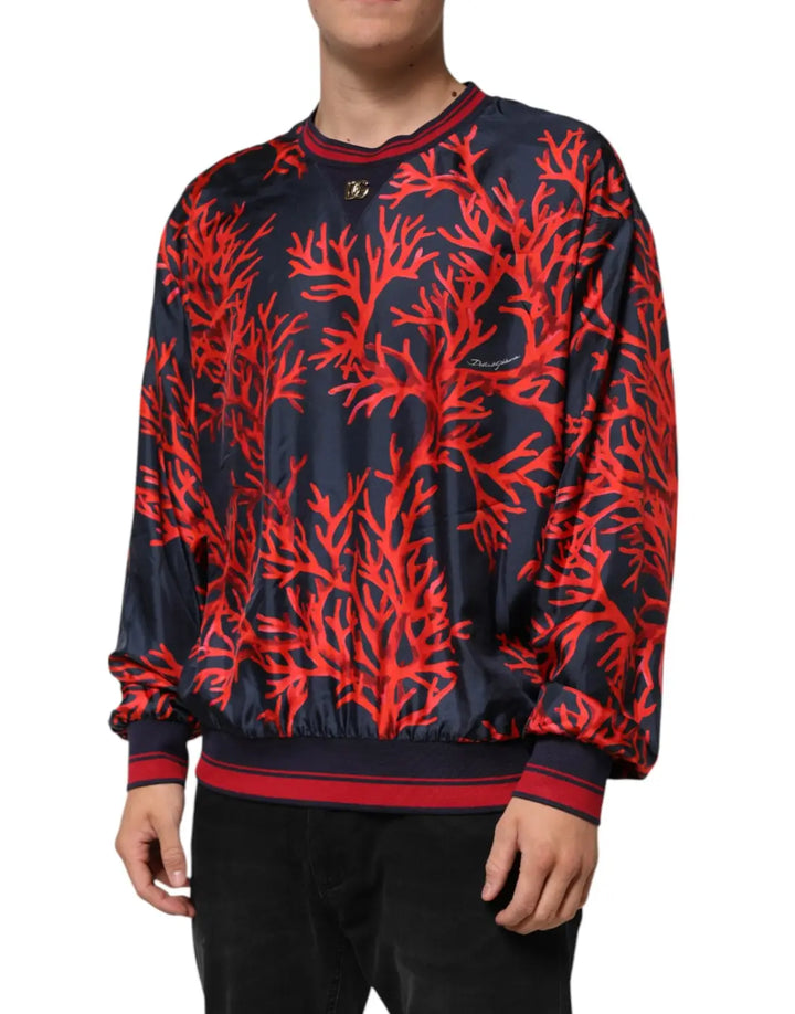 Dolce &amp; Gabbana Silk Navy Red Coral Print Pullover Sweater