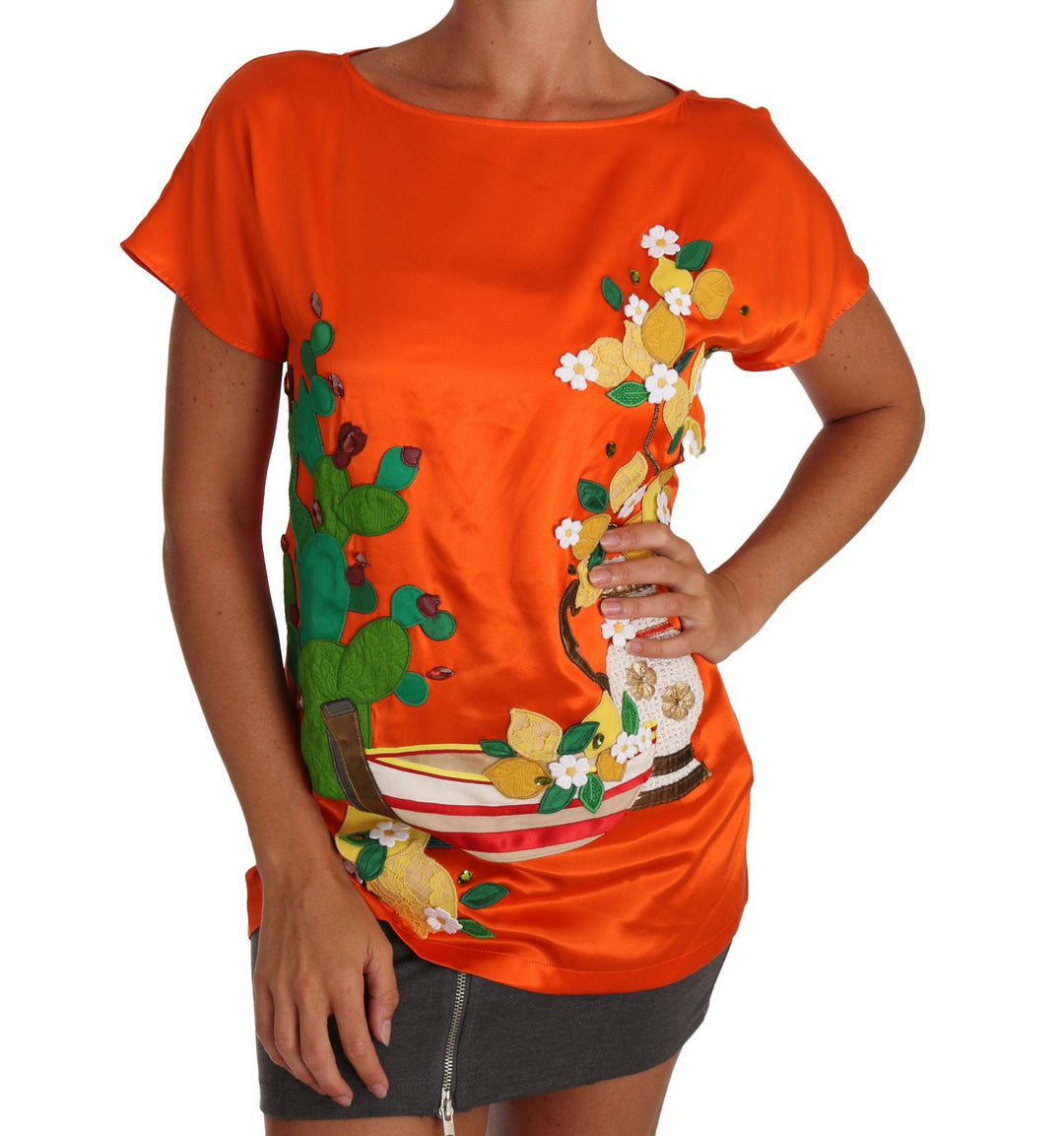 Dolce &amp; Gabbana - Silk Orange Lemon Crystal T-shirt Top