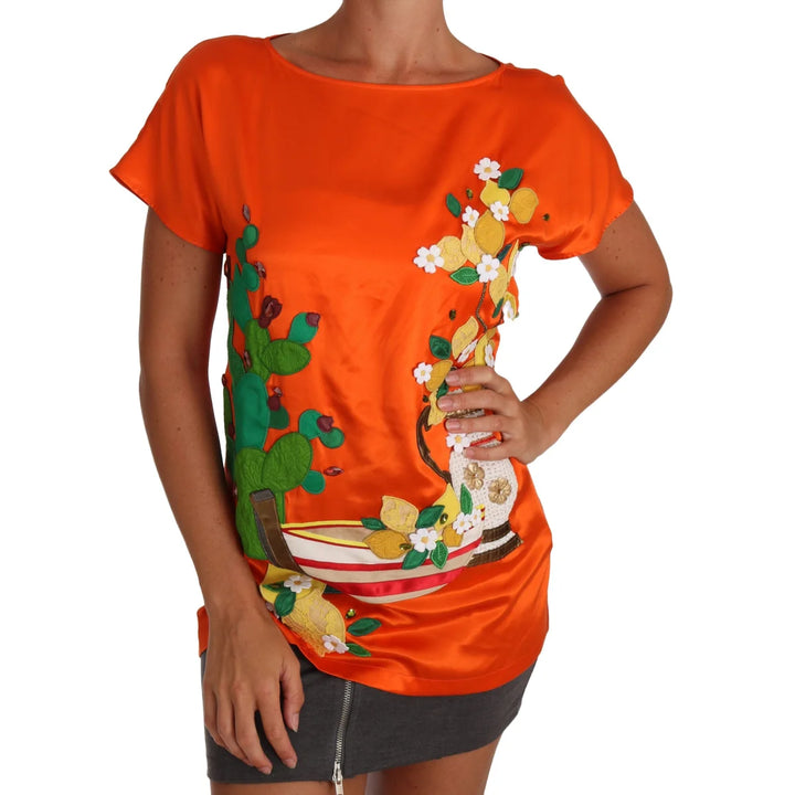 Dolce & Gabbana Silk Orange Lemon Crystal T-shirt Top