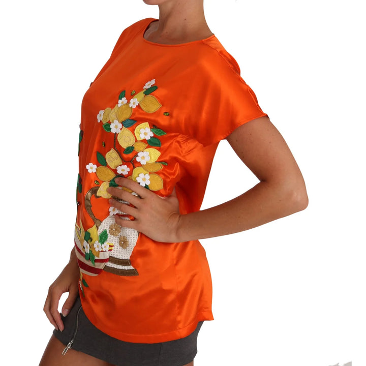Dolce & Gabbana Silk Orange Lemon Crystal T-shirt Top