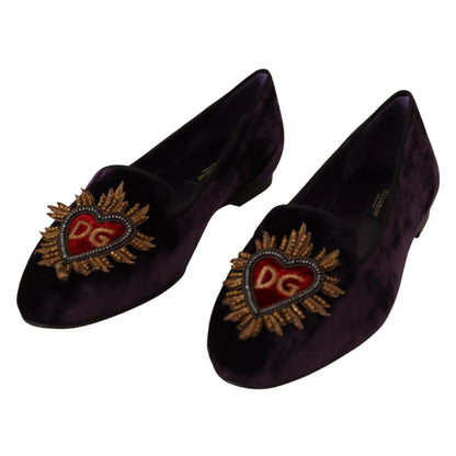 Dolce Gabbana Silk Velvet Heart Appliques Luxury Loafers &