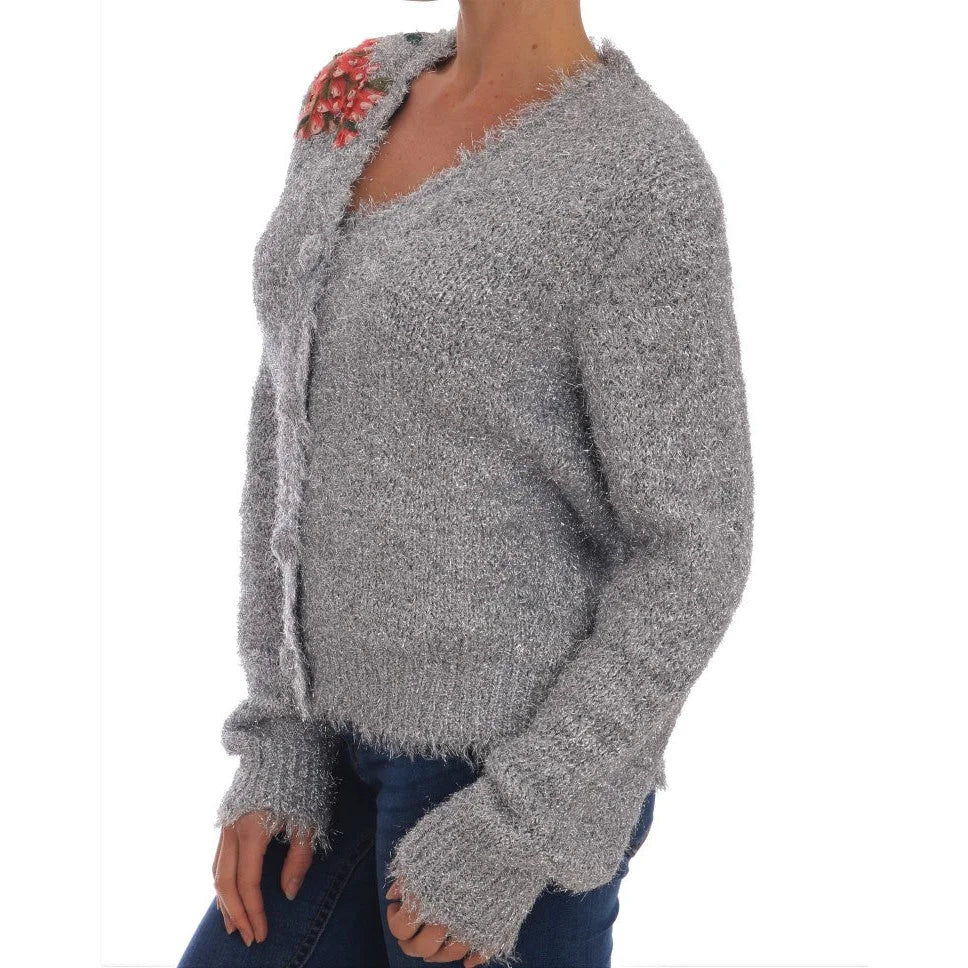 Dolce & Gabbana Silver Cardigan Floral Applique Sweater