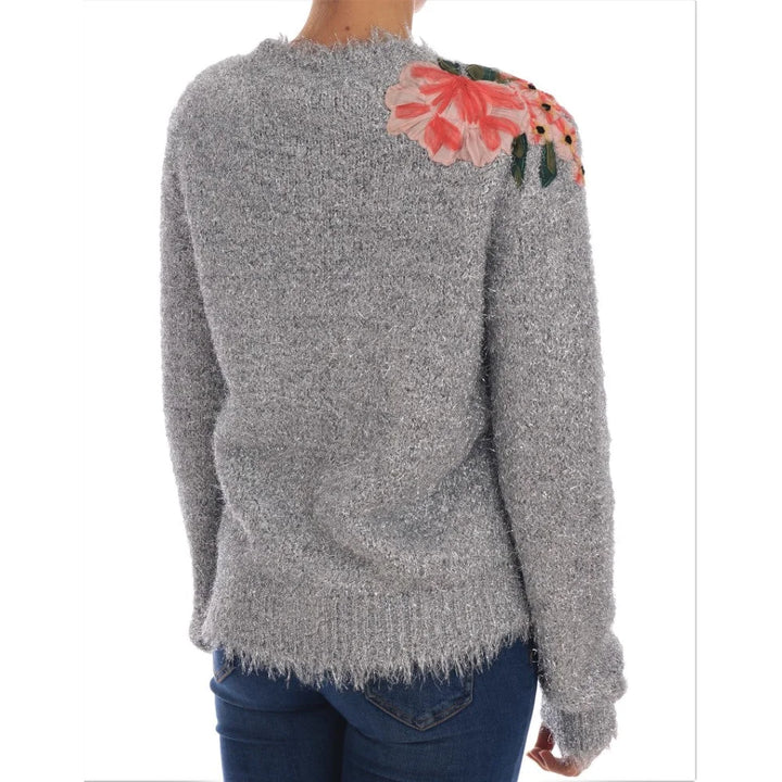 Dolce & Gabbana Silver Cardigan Floral Applique Sweater
