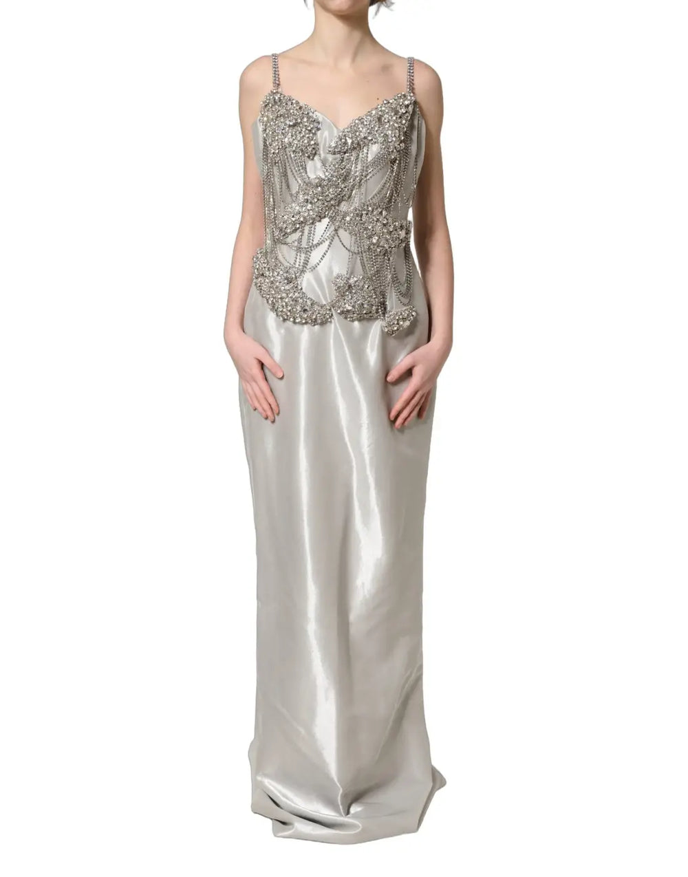 Dolce & Gabbana Silver Crystal Embellished EveningGown Dress