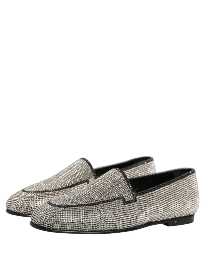 Dolce &amp; Gabbana Silver Crystal Embellished Men Loafers Shoes