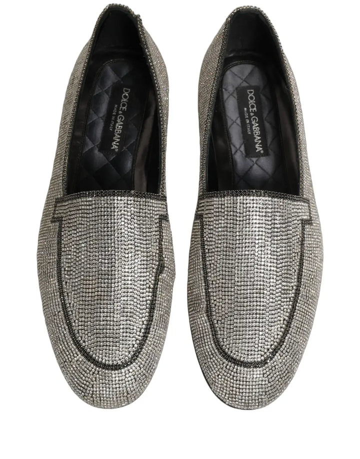 Dolce &amp; Gabbana Silver Crystal Embellished Men Loafers Shoes