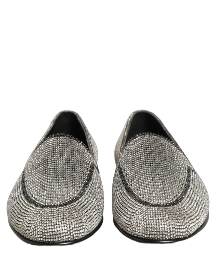 Dolce &amp; Gabbana Silver Crystal Embellished Men Loafers Shoes