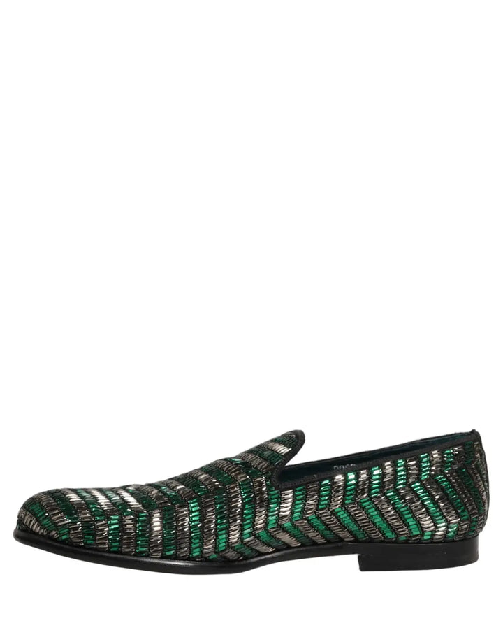 Dolce &amp; Gabbana Silver Green Embellished Dress Loafers Shoes