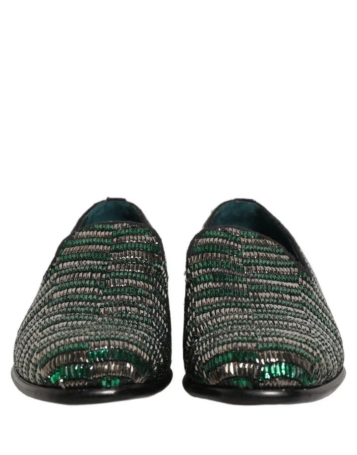 Dolce &amp; Gabbana Silver Green Embellished Dress Loafers Shoes
