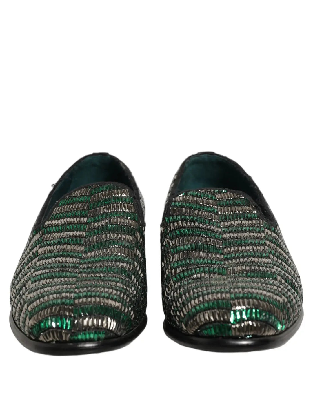 Dolce &amp; Gabbana Silver Green Embellished Dress Loafers Shoes