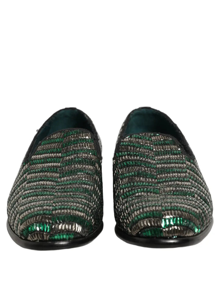 Dolce &amp; Gabbana Silver Green Embellished Dress Loafers Shoes