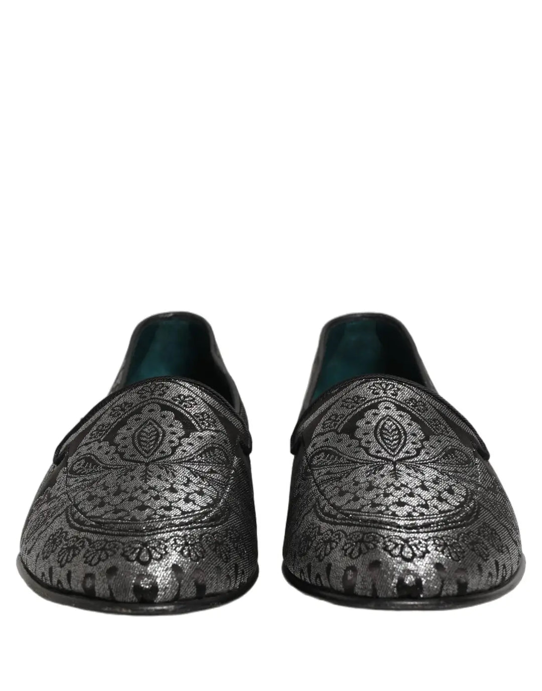 Dolce &amp; Gabbana Silver Jacquard Leather Slip On Loafers Shoes