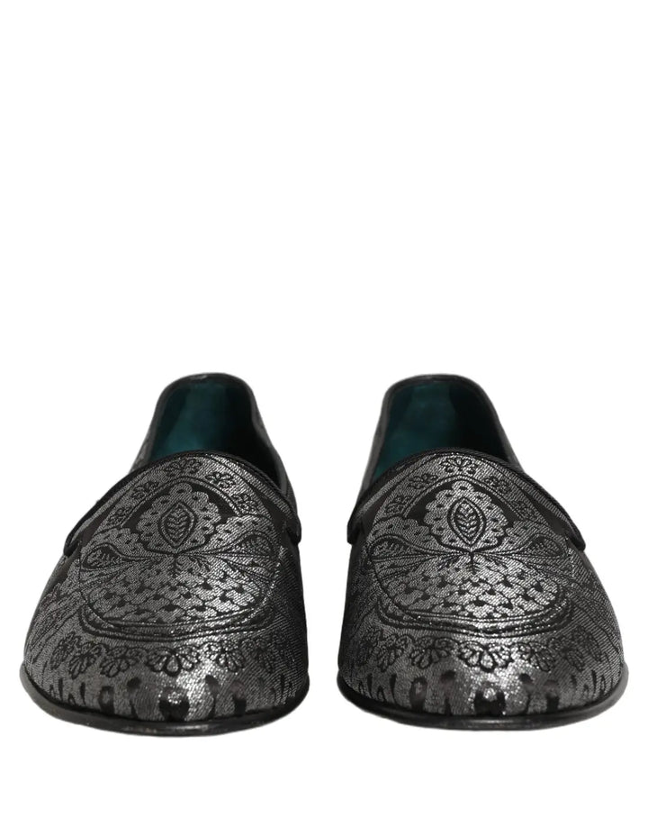 Dolce &amp; Gabbana Silver Jacquard Leather Slip On Loafers Shoes