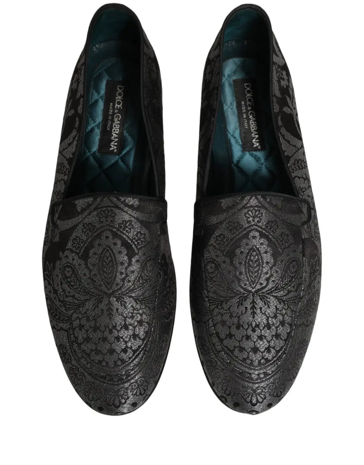 Dolce &amp; Gabbana Silver Jacquard Leather Slip On Loafers Shoes