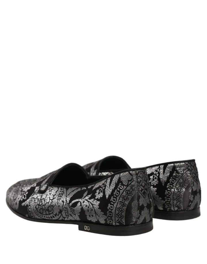 Dolce &amp; Gabbana Silver Jacquard Leather Slip On Loafers Shoes